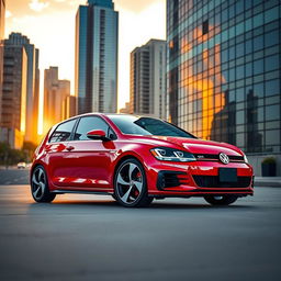 A sleek, modern Volkswagen GTI parked in an urban environment, showcasing its vibrant red color, sporty design, and aggressive stance