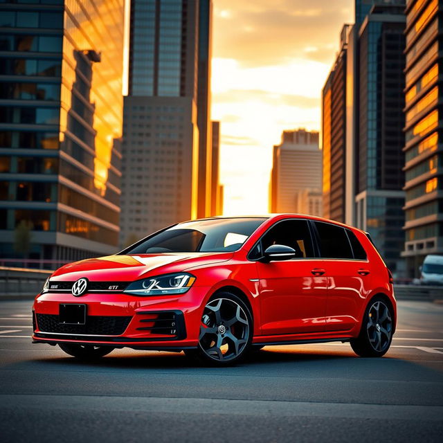 A sleek, modern Volkswagen GTI parked in an urban environment, showcasing its vibrant red color, sporty design, and aggressive stance