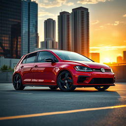 A sleek, modern Volkswagen GTI parked in an urban environment, showcasing its vibrant red color, sporty design, and aggressive stance