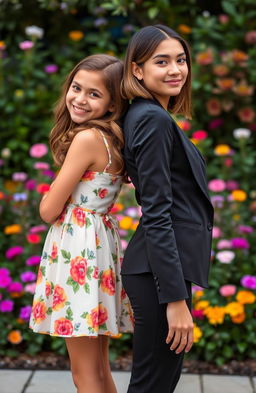 Two beautiful twin girls standing back to back, showcasing contrasting outfits and expressions