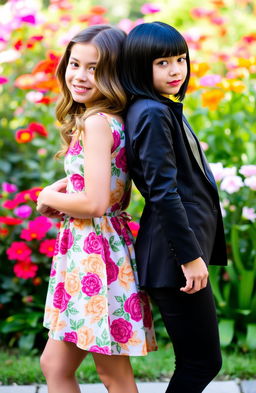 Two beautiful twin girls standing back to back, showcasing contrasting outfits and expressions
