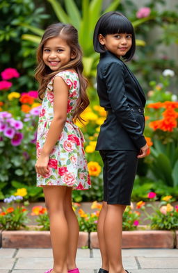 Two beautiful twin girls standing back to back, showcasing contrasting outfits and expressions