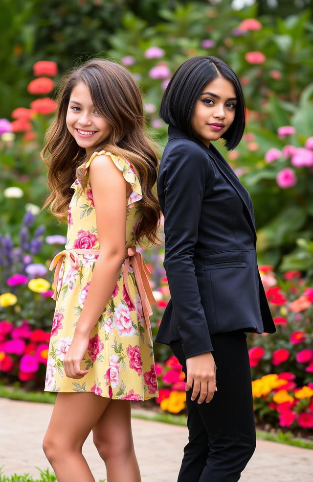 Two beautiful twin girls standing back to back, showcasing contrasting outfits and expressions