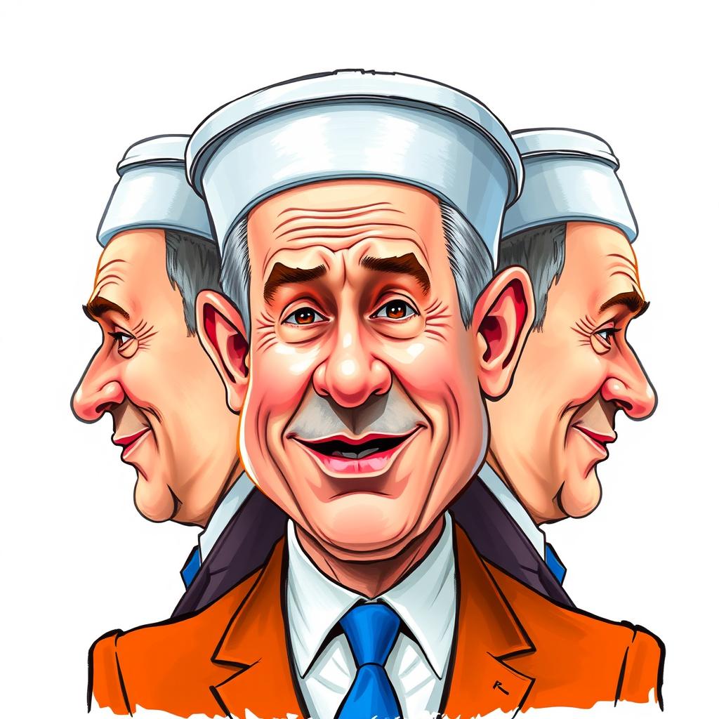 A caricature illustration of Benjamin Netanyahu with a head shaped like a toilet, featuring humorous and exaggerated expressions