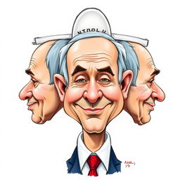 A caricature illustration of Benjamin Netanyahu with a head shaped like a toilet, featuring humorous and exaggerated expressions