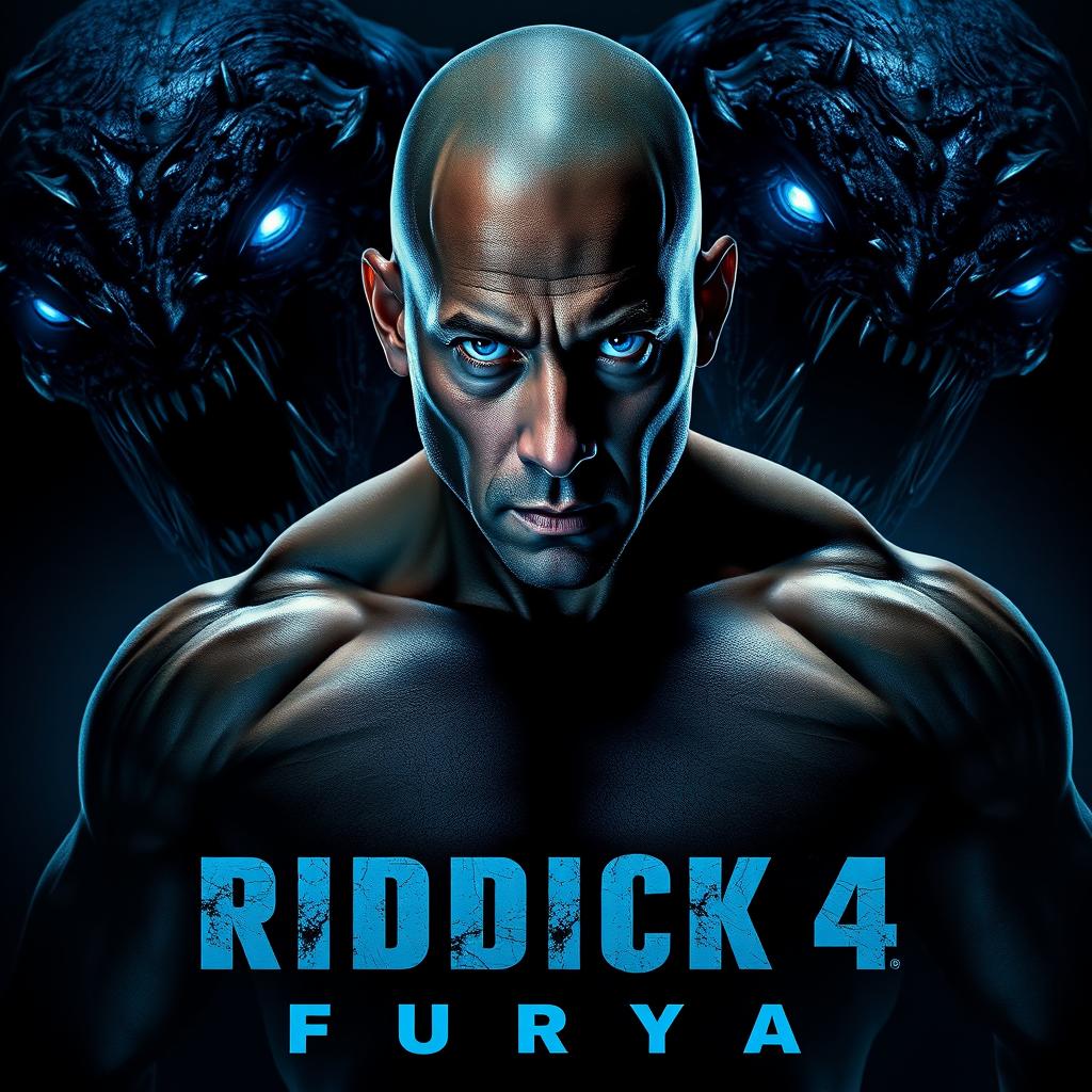 A captivating movie poster for 'Riddick 4: Furya (2025)', featuring Vin Diesel as Riddick, depicted with a strong and fierce demeanor