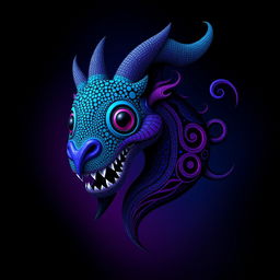 An abstract digital art piece depicting a mythical creature with a large head featuring a pointed nose and two large, round eyes