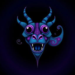 An abstract digital art piece depicting a mythical creature with a large head featuring a pointed nose and two large, round eyes