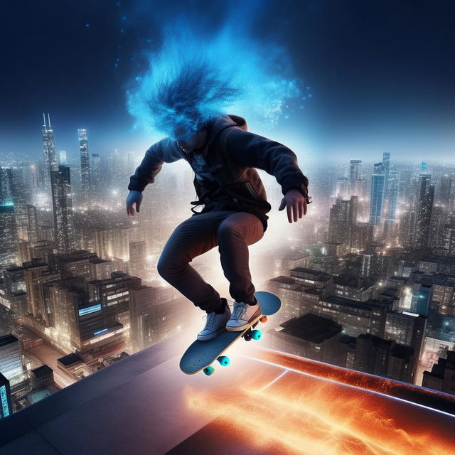 An edgy skateboarder engulfed in ice-blue flames, performing an intricate trick high above a glittering, nocturnal cityscape with ultramodern skyscrapers.