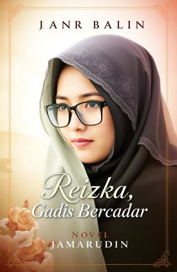 Book cover design for a novel titled 'Reizka, Gadis Bercadar', featuring an attractive young woman with a hijab and glasses, her face partially covered by a beautiful ornate veil