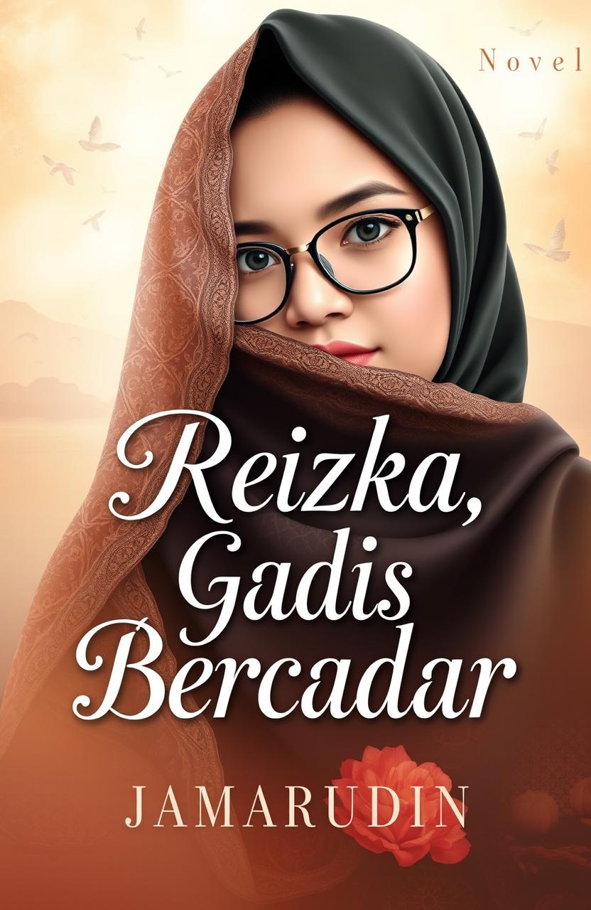 Book cover design for a novel titled 'Reizka, Gadis Bercadar', featuring an attractive young woman with a hijab and glasses, her face partially covered by a beautiful ornate veil