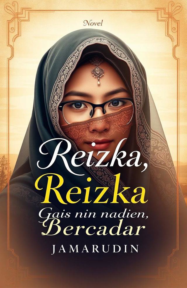 Book cover design for a novel titled 'Reizka, Gadis Bercadar', featuring an attractive young woman with a hijab and glasses, her face partially covered by a beautiful ornate veil