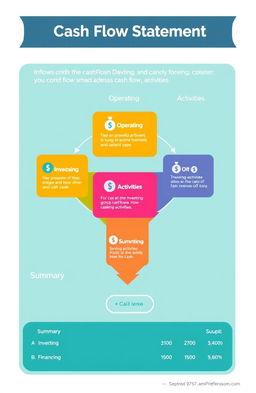 A modern and visually appealing cash flow statement infographic, showcasing the inflows and outflows of cash in a clear, organized manner