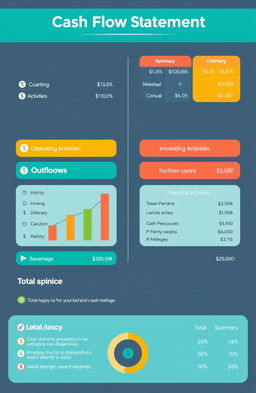 A modern and visually appealing cash flow statement infographic, showcasing the inflows and outflows of cash in a clear, organized manner