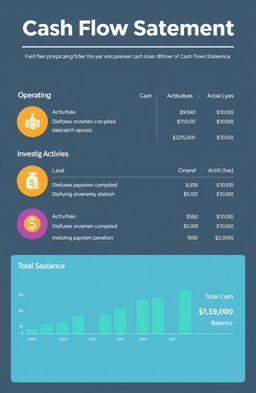 A modern and visually appealing cash flow statement infographic, showcasing the inflows and outflows of cash in a clear, organized manner