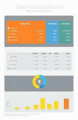 A modern and visually appealing cash flow statement infographic, showcasing the inflows and outflows of cash in a clear, organized manner