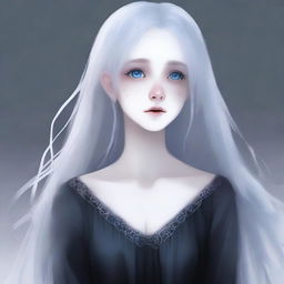 A high-quality digital art piece depicting a ghostly, young, teenage female character