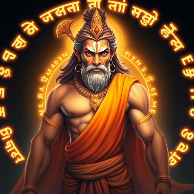 A divine and majestic representation of Lord Hanuman, depicted with a strong and muscular physique in a flowing saffron robe representing spirituality and dedication