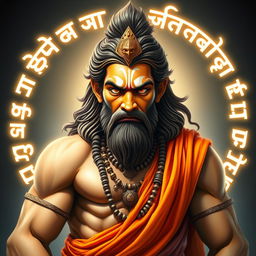 A divine and majestic representation of Lord Hanuman, depicted with a strong and muscular physique in a flowing saffron robe representing spirituality and dedication