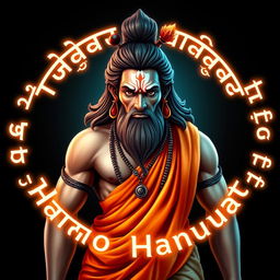 A divine and majestic representation of Lord Hanuman, depicted with a strong and muscular physique in a flowing saffron robe representing spirituality and dedication