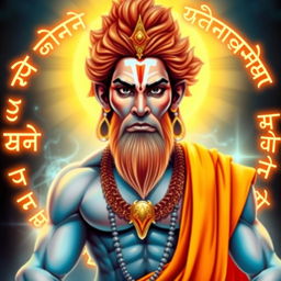 A divine and majestic representation of Lord Hanuman, depicted with a strong and muscular physique in a flowing saffron robe representing spirituality and dedication