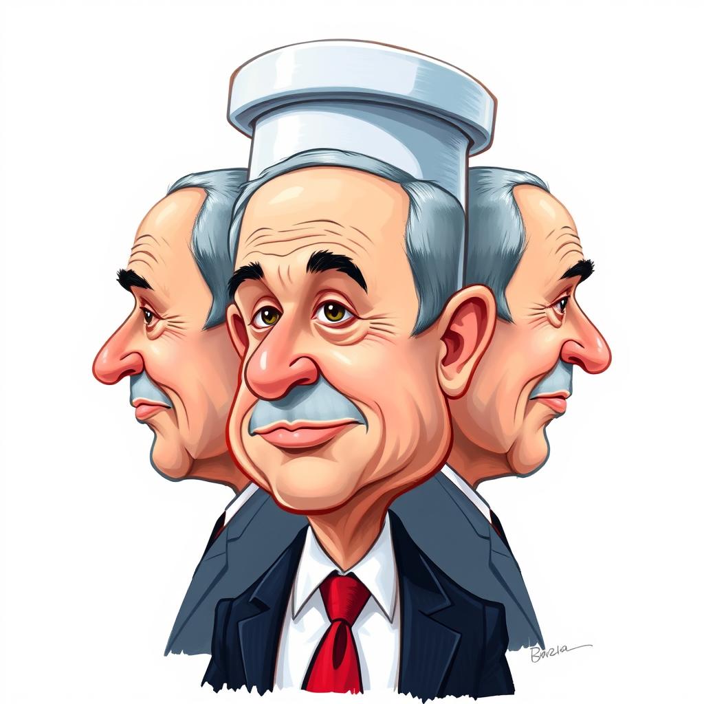 A whimsical caricature of Benjamin Netanyahu, featuring a head humorously shaped like a toilet