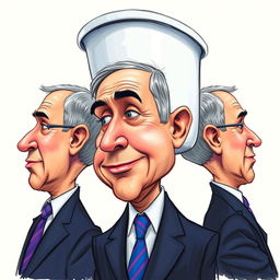 A whimsical caricature of Benjamin Netanyahu, featuring a head humorously shaped like a toilet