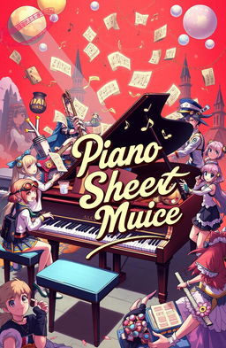 A vibrant and eclectic scene featuring a grand piano surrounded by various anime and video game characters