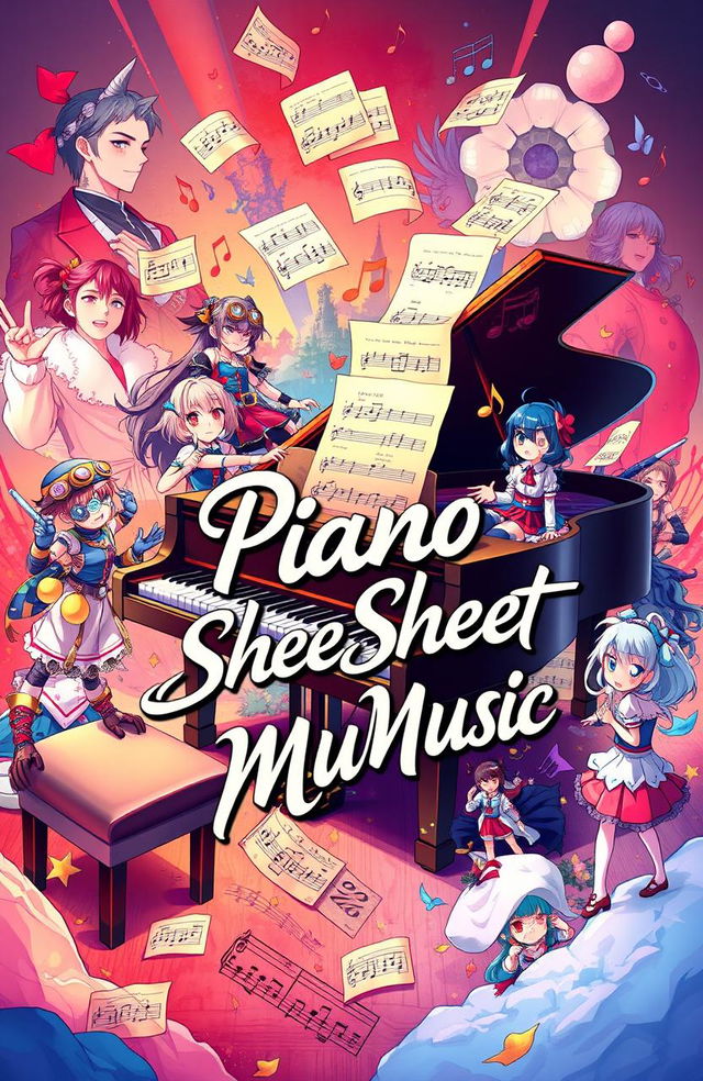 A vibrant and eclectic scene featuring a grand piano surrounded by various anime and video game characters