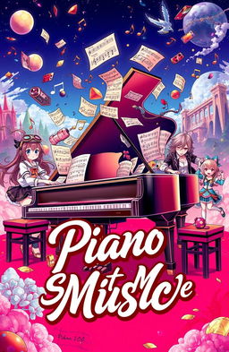A vibrant and eclectic scene featuring a grand piano surrounded by various anime and video game characters