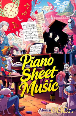 A vibrant and eclectic scene featuring a grand piano surrounded by various anime and video game characters