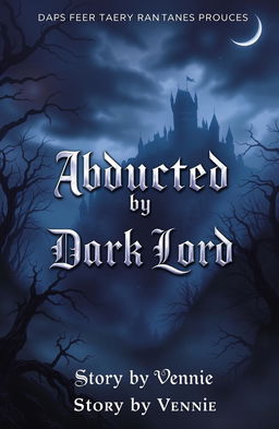 A dark fantasy romance book cover set in a mystical world, featuring a dramatic and moody landscape