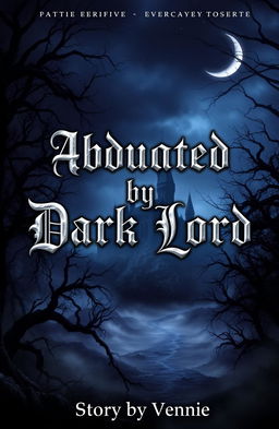 A dark fantasy romance book cover set in a mystical world, featuring a dramatic and moody landscape
