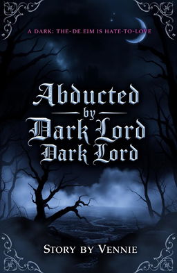 A dark fantasy romance book cover set in a mystical world, featuring a dramatic and moody landscape