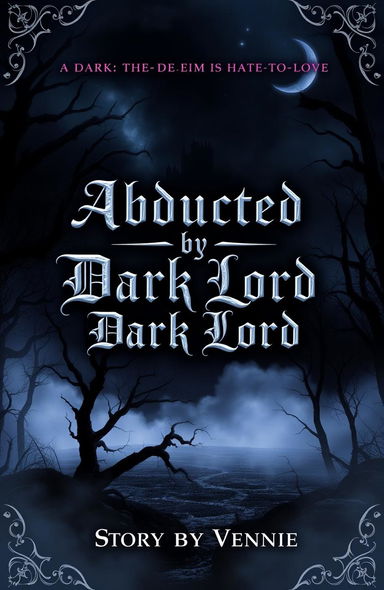 A dark fantasy romance book cover set in a mystical world, featuring a dramatic and moody landscape