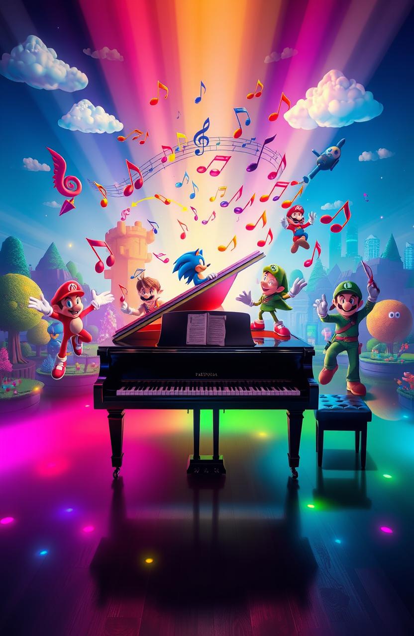 A vibrant and imaginative composition titled 'Partituras de piano'