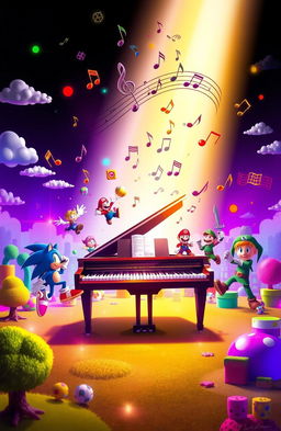 A vibrant and imaginative composition titled 'Partituras de piano'