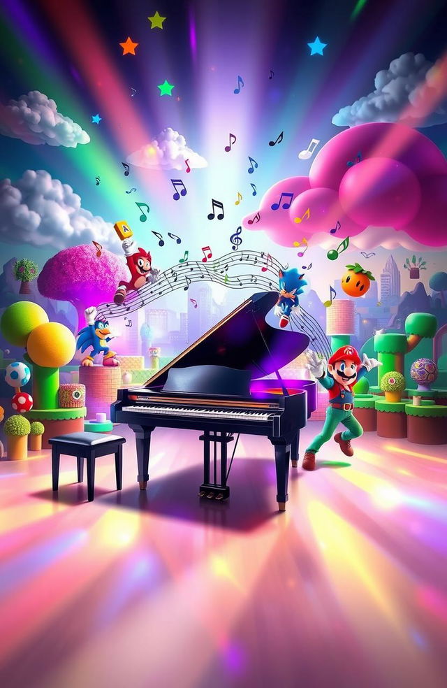 A vibrant and imaginative composition titled 'Partituras de piano'