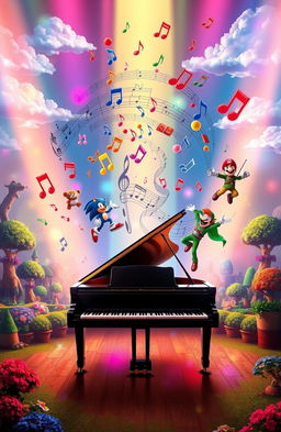 A vibrant and imaginative composition titled 'Partituras de piano'