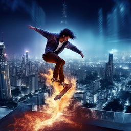 An edgy skateboarder engulfed in ice-blue flames, performing an intricate trick high above a glittering, nocturnal cityscape with ultramodern skyscrapers.