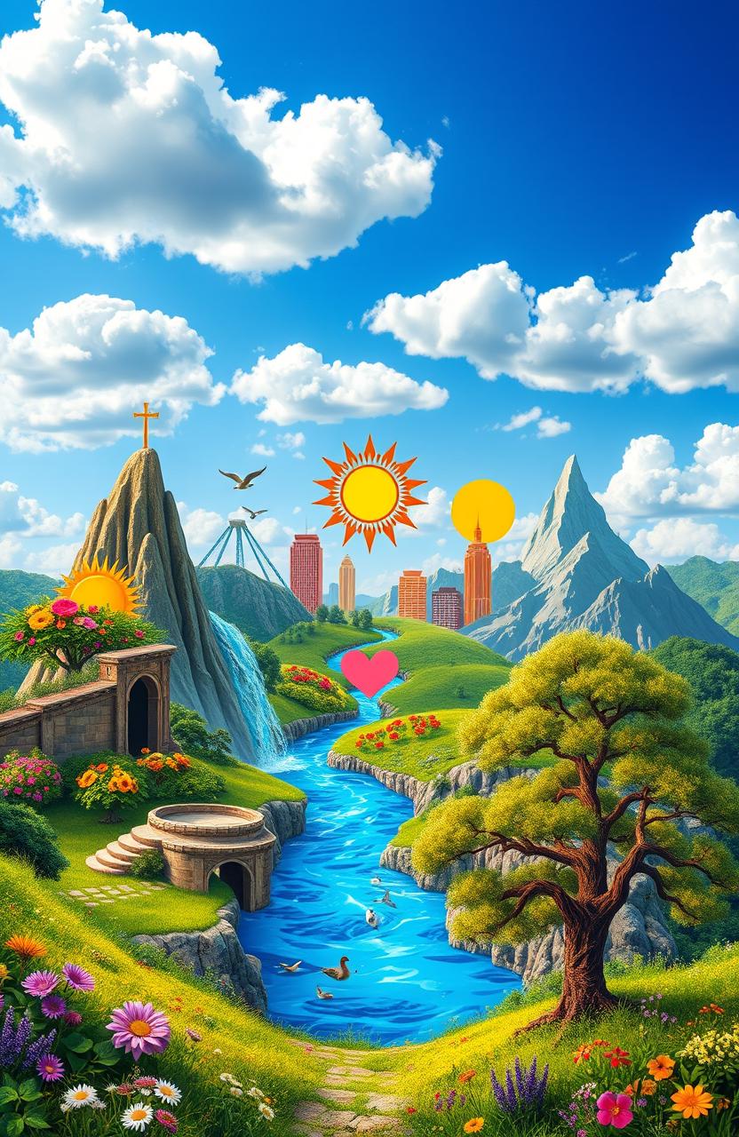 An imaginative interpretation of the Seven Wonders of the World, reimagined as symbols of life and vitality