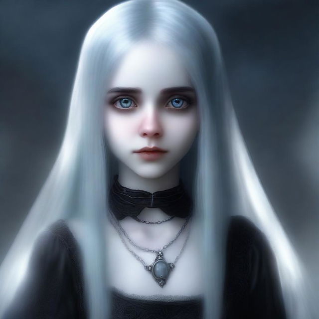 A realistic, high-quality digital art piece depicting a ghostly, young, teenage female character