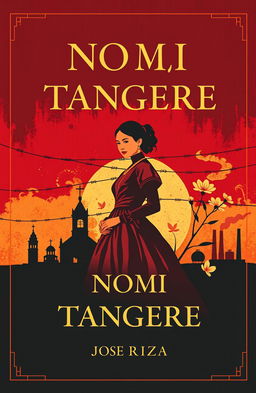 A striking book cover design for 'Noli Me Tangere' by Jose Rizal, featuring a blend of rich, warm colors like deep red and gold to represent passion and resistance