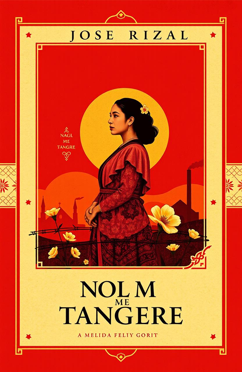 A striking book cover design for 'Noli Me Tangere' by Jose Rizal, featuring a blend of rich, warm colors like deep red and gold to represent passion and resistance