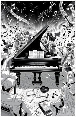 An epic black and white illustration featuring a grand piano surrounded by various anime and video game characters, deeply immersed in music