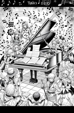 An epic black and white illustration featuring a grand piano surrounded by various anime and video game characters, deeply immersed in music