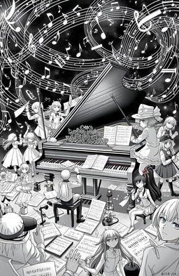 An epic black and white illustration featuring a grand piano surrounded by various anime and video game characters, deeply immersed in music