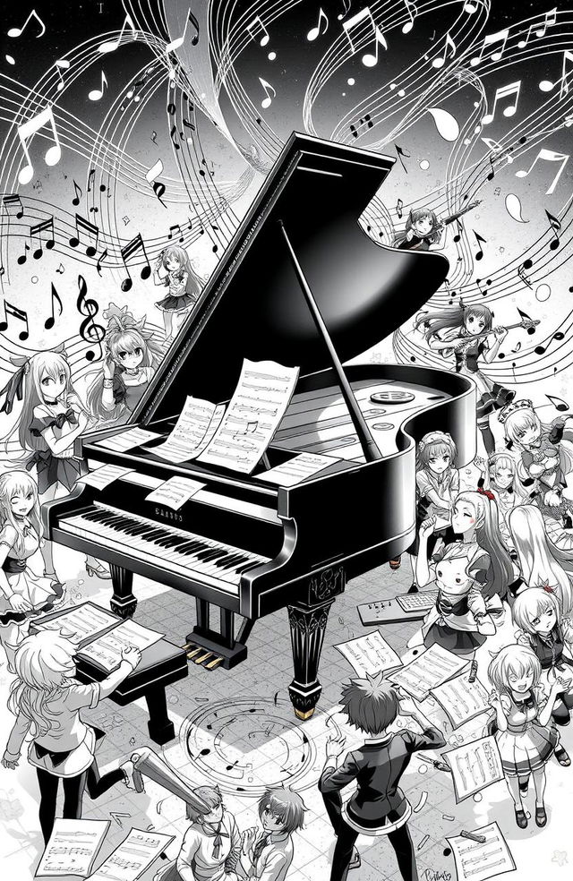 An epic black and white illustration featuring a grand piano surrounded by various anime and video game characters, deeply immersed in music