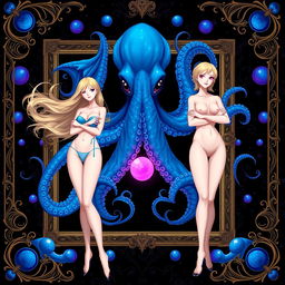 A digital illustration featuring two female figures standing side by side in front of a large, ornate frame