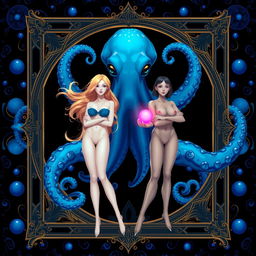 A digital illustration featuring two female figures standing side by side in front of a large, ornate frame
